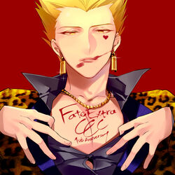  1boy animal_print bad_id bad_pixiv_id blonde_hair commentary_request earrings facial_mark fate/extra fate/extra_ccc fate_(series) gilgamesh_(fate) gilgamesh_(modern_costume_of_volupte)_(fate) hair_slicked_back hair_up heart heart_facial_mark jewelry leopard_print lipstick makeup male_focus midriff momoayamo official_alternate_costume photoshop_(medium) red_eyes short_hair solo 