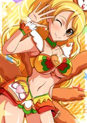  adapted_costume aokura_shou bikini bikini_top_only blonde_hair brooch choker commentary_request cure_honey cure_honey_(coconut_samba) earrings female green_choker happinesscharge_precure! heart heart_brooch highres jewelry long_hair magical_girl miniskirt multicolored_bikini multicolored_clothes one_eye_closed oomori_yuuko precure samba skirt smile solo star_(symbol) swimsuit wrist_cuffs yellow_eyes 