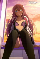  absurdres arm_support armor belt black_thighhighs blazer blue_eyes blush bra breasts cleavage cloud dress embarrassed faulds female foreshortening frilled_bra frills gakusen_toshi_asterisk hair_between_eyes hair_ornament highres jacket julis-alexia_von_riessfeld long_hair long_sleeves looking_at_viewer megami_magazine nakano_ruizu official_art open_bra open_clothes open_dress open_jacket open_shirt panties pantyshot pink_hair purple_bra purple_panties raised_eyebrows scan school_uniform shirt short_dress sitting sky small_breasts solo sunset thighhighs underwear very_long_hair wavy_mouth windowsill 