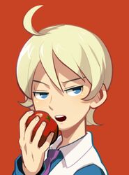  1boy ahoge blonde_hair blue_eyes bokujou_monogatari bokujou_monogatari:_waku_waku_animal_march gill_(bokujou_monogatari) male_focus motojima_hakka necktie no_pupils open_mouth simple_background solo upper_body 