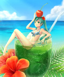  bad_id bad_pixiv_id bikini cherry drink female flower food front-tie_top fruit hair_flower hair_ornament hatsune_miku hibiscus mini_person minigirl ouka_mai side-tie_bikini_bottom solo striped_bikini striped_clothes swimsuit vocaloid 