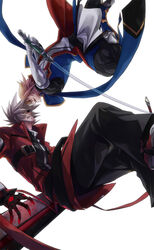  2boys battle belt black_pants blazblue blonde_hair brothers clenched_teeth coat commentary_request devoured_by_darkness duel eye_contact green_eyes highres jin_kisaragi kaneaki_mukku looking_at_another male_focus multiple_boys oerba_yun_fang pants photoshop_(medium) ragna_the_bloodedge red_eyes shoes siblings smile spiked_hair sword teeth weapon white_background white_hair yukianesa 