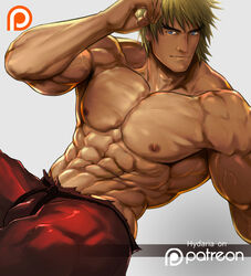  1boy abs bad_id bad_pixiv_id bara blonde_hair blue_eyes dougi hydaria ken_masters male_focus muscular muscular_male nipples nose patreon_logo patreon_username pectorals photoshop_(medium) sitting solo street_fighter thick_eyebrows topless_male veins watermark 