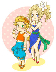  1boy androgynous blonde_hair blue_eyes blush commentary_request cosplay dancer dancer_(final_fantasy) dissidia_final_fantasy earrings female final_fantasy final_fantasy_5 final_fantasy_iii final_fantasy_vi flower green_eyes hair_flower hair_ornament jewelry krile_mayer_baldesion_(ff5) krile_mayer_baldesion_(ff5)_(cosplay) lenna_charlotte_tycoon lenna_charlotte_tycoon_(cosplay) midriff navel necklace onion_knight orange_shirt ponytail sean_(sevenchances) shirt terra_branford 