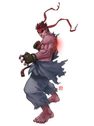  1boy angry barefoot black_sclera capcom clenched_teeth dark_persona dark_skin deviantart dougi evil evil_ryuu eyebrows feet fighting_stance fingerless_gloves gloves glowing glowing_eyes headband male male_focus muscle parted_lips red_eyes red_hair simple_background solo spiked_hair standing street_fighter street_fighter_iv super_street_fighter_iv teeth thick_eyebrows toes torn_clothes white_background 