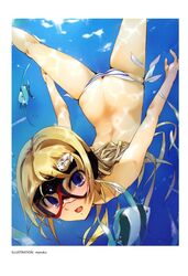  absurdres annotated artist_name bikini blonde_hair blue_eyes butt_crack digicame_shoujo_hyakkei diving_mask female fish freediving goggles highres maruku non-web_source ocean open_mouth original scan solo striped swimming swimsuit underwater water 