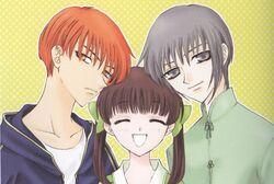  2boys brown_hair female fruits_basket grey_hair honda_tooru multiple_boys orange_hair smile souma_kyou souma_yuki takaya_natsuki twintails 