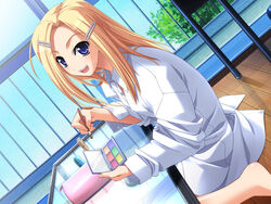  barefoot blonde_hair female glass hair_ornament hairclip horiuchi_sana kneeling long_hair makeup medium_hair pia_carrot pia_carrot_(series) pia_carrot_e_youkoso!! purple_eyes shirt sitting smile table transparent tree white_shirt 