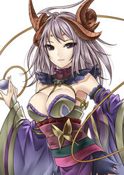  absurdres ahoge between_breasts breasts bug butterfly cleavage commentary_request detached_sleeves dragon_girl dragon_horns eyelashes facial_mark female forehead_mark highres horns japanese_clothes kanna_(p&amp;d) large_breasts long_hair looking_at_viewer meshida_(lux-far-accelerator) obi parted_lips pointy_ears purple_eyes purple_hair puzzle_&amp;_dragons sash simple_background solo white_background wide_sleeves 