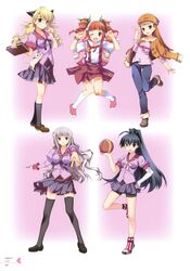  5girls :d ;d absurdres ahoge animal animal_ears backpack bag bakemonogatari ball bandages bandaid bandaid_on_knee bandaid_on_leg basketball basketball_(object) bike_shorts black_hair black_thighhighs blonde_hair blue_eyes blush book bow braid breasts brown_eyes brown_hair cat_ears cosplay denim dress feline fujima_takuya full_body ganaha_hibiki glasses grey_hair hachikuji_mayoi hachikuji_mayoi_(cosplay) hairband hairbow hanekawa_tsubasa hanekawa_tsubasa_(cosplay) hat highres hoshii_miki idolmaster idolmaster_(classic) jeans juliet_sleeves kanbaru_suruga kanbaru_suruga_(cosplay) long_hair long_sleeves medium_breasts minase_iori monogatari_(series) multiple_girls naoetsu_high_school_uniform necktie nekomonogatari one_eye_closed open_mouth orange_hair pants ponytail puffy_sleeves ribbon scan school_uniform sengoku_nadeko sengoku_nadeko_(cosplay) senjougahara_hitagi senjougahara_hitagi_(cosplay) shijou_takane shorts shorts_under_skirt skirt smile socks stapler takatsuki_yayoi thighhighs twin_braids twintails zettai_ryouiki 