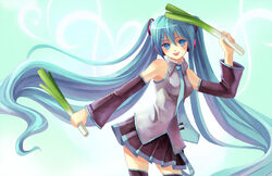  aqua_eyes aqua_hair bare_shoulders blue_eyes detached_sleeves elise_trinh female female girl hatsune_miku headphones long_hair necktie pleated_skirt skirt solo spring_onion thighhighs twintails very_long_hair vocaloid 