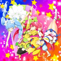  3girls absurdres aino_megumi alternate_form blonde_hair blue_eyes blue_hair boots bow brooch commentary_request cure_honey cure_honey_(popcorn_cheer) cure_lovely cure_lovely_(lollipop_hip_hop) cure_princess cure_princess_(macadamia_hula_dance) earrings flower flower_earrings full_body grin hair_flower hair_ornament hairbow happinesscharge_precure! heart heart_brooch heart_earrings highres holding_hands jewelry knee_boots long_hair magical_girl md5_mismatch multicolored_background multiple_girls one_eye_closed oomori_yuuko pink_eyes pink_hair precure shirayuki_hime shirt skirt smile sparkle star_(symbol) starry_background thighhighs twintails upside-down waist_bow yellow_eyes yuto_(dialique) 