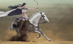  aiming arrow_(projectile) arslan_senki black_hair bow_(weapon) breasts brown_eyes cape cleavage commentary_request drawing_bow earrings falangies female highres holding holding_arrow holding_bow_(weapon) holding_weapon horse horseback_riding jewelry jiuwei_yaohu large_breasts lipstick_mark long_hair navel outdoors outstretched_arm photoshop_(medium) quiver riding saddle sand solo stirrups_(riding) thighhighs weapon 