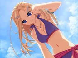  beach bikini blonde_hair bracelet breasts cleavage female hair_ornament hairclip horiuchi_sana jewelry long_hair medium_hair necklace oerba_yun_fang pia_carrot pia_carrot_(series) pia_carrot_e_youkoso!! purple_bikini purple_eyes sky smile swimsuit 