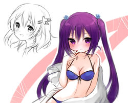  2girls bikini blush breasts gochuumon_wa_usagi_desu_ka? gochuumon_wa_usagi_desuka? hoto_cocoa hoto_kokoa long_hair looking_at_viewer multiple_girls natsumii_chan purple_eyes purple_hair swimsuit tedeza_rize twintails 