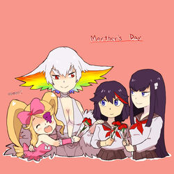  4girls aged_down alternate_universe bow breasts carnation choker cleavage commentary_request english_text engrish_text eyepatch family flower french_text hair_ornament hairclip harime_nui hug kill_la_kill kiryuuin_ragyou kiryuuin_satsuki long_hair matoi_ryuuko mature_female medium_breasts mother&#039;s_day mother_and_daughter multiple_girls pink_bow ranguage red_carnation red_flower school_uniform serafuku short_hair siblings sisters spoilers uri_(uryu002) 