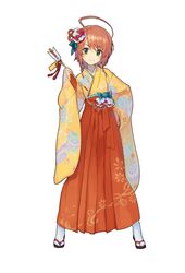  ahoge arrow_(projectile) contrapposto female flower full_body furisode green_eyes hair_flower hair_ornament hakama hakama_skirt highres holding japanese_clothes kimono long_sleeves looking_at_viewer nonoya_nayori sandals short_hair simple_background skirt smile solo source_request standing tabi tantei_opera_milky_holmes toys_drive white_background wide_sleeves yuzurizaki_nero 