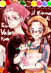  2boys apron aqua_eyes brown_eyes brown_hair chocolate cooking eyebrows food glasses gokudera_hayato handkerchief katekyo_hitman_reborn! long_sleeves male_focus multiple_boys pixiv_id_3963172 plate rimless_glasses sawada_tsunayoshi silver_hair tongue upper_body valentines 