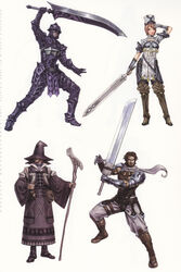  3boys absurdres adonis_(valkyrie_profile) aqua_eyes arm_up armor armored_boots bandages beard belt belt_pouch boots breastplate breasts buckle closed_mouth contrapposto copyright_name covered_eyes elbow_gloves facial_hair faulds female fighting_stance fingerless_gloves full_armor full_body garter_straps gauntlets gloves greaves grey_hair guilm_(valkyrie_profile) hand_up hat hat_over_eyes helm helmet high_collar high_heels highres hip_focus holding holding_weapon huge_weapon knee_boots legs_apart legs_together lips lipstick looking_away makeup mithra_(valkyrie_profile) moustache multiple_belts multiple_boys official_art pants parted_lips pauldrons pelvic_curtain photoshop_(medium) pouch robe scan scarf serious short_hair short_sleeves shoulder_armor sideburns sideways_glance simple_background small_breasts staff standing sword sylphide_(valkyrie_profile) turtleneck v-shaped_eyebrows valkyrie_profile_(series) valkyrie_profile_2:_silmeria weapon white_background wide_sleeves wizard_hat yamashita_shun&#039;ya 