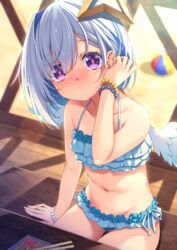  alternate_costume amane_kanata angel angel_wings asymmetrical_bangs asymmetrical_hair ball beachball bikini blue_hair blush bob_cut bracelet chiyonekoko chopsticks collarbone colored_inner_hair feathered_wings female frilled_bikini frills grey_hair hair_behind_ear hair_over_one_eye halo highres hololive jewelry looking_at_viewer midriff multicolored_hair navel purple_eyes short_hair single_hair_intake sitting solo star_halo streaked_hair swimsuit two-tone_hair virtual_youtuber wings yakisoba 