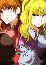  2girls aisha_ridgemond artist_name back-to-back blonde_hair breasts brown_hair dated green_eyes hair_behind_ear hoshino_(pixiv12796893) manami_hamill medium_breasts multiple_girls purple_eyes sidelocks signature super_robot_wars super_robot_wars_64 v-shaped_eyebrows 