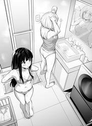  2girls arms_behind_back bare_legs barefoot bathroom blush bra breasts camisole cleavage commentary_request drying drying_hair from_above greyscale hair_dryer holding holding_hair_dryer indoors inoue_takina kitaku_(nakamachi_machi) long_hair looking_at_mirror lycoris_recoil mirror monochrome multiple_girls nishikigi_chisato no_pants panties reflection removing_bra short_hair standing tile_floor tiles toes underwear underwear_only undressing washing_machine wet 