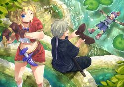  2boys bandages blonde_hair blue_eyes blue_hair breasts chrono_cross crop_top facial_mark female glenn_(chrono_cross) gloves high_ponytail jewelry kid_(chrono_cross) long_hair midriff multiple_boys navel necklace oosuzu_aoi open_mouth ponytail serge_(chrono_cross) skirt vest wet 