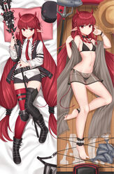  arknights asymmetrical_legwear barefoot bed_sheet bikini black_bikini black_footwear black_headwear black_legwear black_skirt black_vest boots braid breasts closed_mouth collarbone collared_shirt commentary dakimakura_(medium) dress_shirt english_commentary female hat highres holding horns kurisu-kun long_hair long_sleeves looking_at_viewer lying mismatched_legwear multiple_views navel necktie on_back parted_lips peaked_cap pointy_ears polearm red_eyes red_hair red_legwear red_necktie see-through shirt skirt small_breasts soles swimsuit thighhighs thighhighs_under_boots trident twin_braids unworn_hat unworn_headwear v-shaped_eyebrows very_long_hair vest vigna_(arknights) vigna_(casual_vacation)_(arknights) weapon white_shirt 