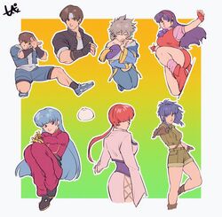  15_acheng 3boys 4girls asamiya_athena bare_shoulders blue_hair covered_eyes fingerless_gloves gloves hair_over_eyes headband highres kula_diamond kusanagi_kyou leona_heidern long_hair meitenkun midriff multiple_boys multiple_girls pillow ponytail purple_hair red_hair shermie_(kof) sie_kensou the_king_of_fighters the_king_of_fighters_&#039;96 