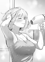  absurdres arm_up armpits blush breasts camisole cleavage closed_eyes commentary_request female greyscale hair_dryer hand_in_own_hair hand_up highres holding holding_hair_dryer kitaku_(nakamachi_machi) large_breasts lycoris_recoil monochrome nishikigi_chisato open_mouth short_hair smile solo upper_body wet 