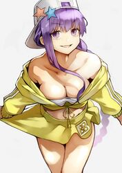  backwards_hat bare_shoulders baseball_cap bb_(fate) bb_(swimsuit_mooncancer)_(fate) bb_(swimsuit_mooncancer)_(first_ascension)_(fate) bikini breasts cleavage collarbone commentary_request fate/grand_order fate_(series) female hat hat_ornament highres jacket large_breasts long_hair long_sleeves looking_at_viewer open_mouth purple_eyes purple_hair skirt smile solo star_(symbol) star_hat_ornament swimsuit thighs very_long_hair white_bikini yellow_jacket yellow_skirt yoshio_(55level) 