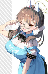  angel&#039;s_24_uniform_(blue_archive) animal_ears apron ariko_youichi black_bow blue_apron blue_archive bow breasts brown_hair commentary eyes_visible_through_eyewear fake_animal_ears female glasses halo hand_up large_breasts long_hair looking_at_viewer moe_(blue_archive) official_alternate_costume one_eye_closed parted_lips polo_shirt rabbit_ears round_eyewear shirt short_sleeves smile solo striped striped_bow twintails white_shirt yellow_eyes 