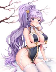  azur_lane banglinh1997 blush branch breast_curtains breasts cleavage colored_eyelashes commission commissioner_upload cosplay covered_navel dress female fire_emblem fire_emblem:_genealogy_of_the_holy_war fire_emblem_heroes flower garter_straps gloves hair_flower hair_ornament half_gloves highres ishtar_(fire_emblem) large_breasts long_hair looking_at_viewer no_bra panty_straps ponytail purple_eyes purple_hair rose simple_background sirius_(azur_lane) sirius_(azur_lane)_(cosplay) sirius_(azure_horizons)_(azur_lane) sitting solo thighhighs white_garter_straps white_gloves white_thighhighs yellow_flower yellow_rose 