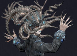  1boy arm_up black_eyes black_hair black_nails blue_lips crack fingernails glowing grey_background half-closed_eyes horns long_fingernails long_fingers male_focus muscular muscular_male original simple_background solo sumosamo upper_body veins 