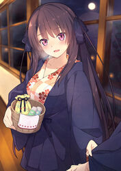  1other :d ao_no_kanata_no_four_rhythm basket bath_yukata black_hair black_ribbon blurry blurry_background blush breath bucket clothes_grab collarbone commentary_request commission cowboy_shot female floral_print full_moon hair_ornament hair_ribbon happy highres holding holding_basket indoors japanese_clothes kimono light_blush long_hair looking_at_viewer moon night open_mouth pinching_sleeves purple_eyes ribbon ryokan saipaco sidelocks skeb_commission sleeve_grab smile solo_focus straight_hair tobisawa_misaki two_side_up upper_body very_long_hair window wooden_bucket yukata 