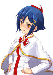  aika_granzchesta angry aria_(manga) bad_id bad_pixiv_id blue_hair blush bob_cut bow bowtie capelet clip_studio_paint_(medium) dress earrings eyelashes female furrowed_brow gold_trim hair_ornament hairclip hands_on_own_hips hat high_collar highres himeya_company_uniform jewelry long_sleeves looking_at_viewer open_mouth red_bow red_bowtie simple_background skin_tight solo telaform upper_body v-shaped_eyebrows white_background white_capelet white_dress white_hat yellow_eyes 