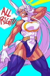  ! !! abs animal_ears arm_up ass_visible_through_thighs bare_shoulders biceps blue_background blue_thighhighs boku_no_hero_academia breasts commentary_request dark-skinned_female dark_skin english_text eyes_visible_through_hair female gloves highleg highleg_leotard highres hutago large_breasts leotard long_hair mirko muscular muscular_female obliques rabbit_ears rabbit_girl rabbit_tail red_eyes simple_background sleeveless sleeveless_turtleneck sleeveless_turtleneck_leotard solo superhero_costume tail teeth thick_thighs thighhighs thighs turtleneck turtleneck_leotard very_long_hair white_gloves white_hair white_leotard 