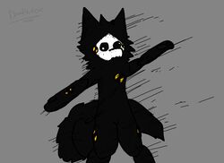  absurd_res anthro black_body black_fur black_sclera canid canine canis changed_(video_game) crash_test_dummy derp_eyes doodlerex dummy fur goo_creature grey_background head_tuft hi_res male mammal mask puro_(changed) simple_background solo spread_arms tuft white_eyes wolf 