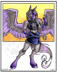  anthro big_breasts bottomwear breasts cleavage clothed clothing cybercat equid equine feathered_wings feathers female hooves leather mammal mythological_creature mythological_equine mythology pegasus pose simple_background skimpy skirt solo wings 