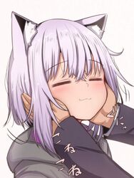  1other :3 animal_ears blush cat_ears cat_girl closed_eyes closed_mouth commentary_request crossed_bangs female hair_between_eyes hands_on_another&#039;s_cheeks hands_on_another&#039;s_face highres hololive jacket light_purple_hair loose_hair_strand mamerakkkkko nekomata_okayu nekomata_okayu_(1st_costume) purple_hair short_hair sidelocks smile solo_focus upper_body virtual_youtuber white_background 