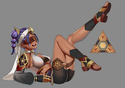  absurdres arm_support benben_(genshin_impact) black_shorts black_sleeves blindfold breasts covered_eyes dark-skinned_female dark_skin detached_sleeves eye_mask female full_body gauntlets genshin_impact headband highres jeht_(genshin_impact) leg_up legs medium_breasts on_ass purple_hair quad_braids red_blindfold sandals scar scar_on_stomach shorts solo the_hermit vest white_headband white_vest 