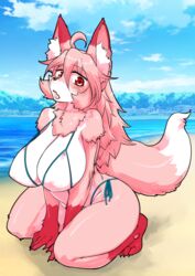  2022 5_fingers ahoge anthro bare_shoulders barefoot beach big_breasts bikini biped blue_sky blush breasts brown_nose canid canine cheek_tuft claws cleavage clothed clothing cloud colored_edge_bikini colored_nails countershade_face countershading cute_fangs day digital_media_(artwork) dipstick_ears dipstick_tail ear_markings eye_through_hair eyebrow_through_hair eyebrows facial_tuft feet female female_anthro finger_claws fingers fox full-length_portrait fur gloves_(marking) hair hair_between_eyes hands_between_legs hi_res humanoid_hands inner_ear_fluff kazuhiro kemono kneeling leg_markings light_body light_breasts light_inner_ear_fluff light_swimwear long_hair mammal markings monotone_breasts monotone_hair monotone_inner_ear multicolored_ears nails nipple_outline open_mouth outside pink_body pink_ears pink_face pink_feet pink_fur pink_hair pink_hands pink_inner_ear pink_nails pink_tail plantigrade portrait red_eyes sand sea seaside short_snout side-tie_bikini side-tie_clothing side-tie_swimwear sky socks_(marking) solo string_bikini swimwear tail tail_markings toe_claws translucent translucent_hair tuft two_tone_face two_tone_tail water white_bikini white_body white_breasts white_clothing white_countershading white_face white_inner_ear_fluff white_swimwear white_tail white_tail_tip 