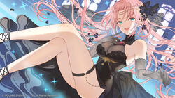  :d bare_legs bare_shoulders black_dress black_footwear blue_eyes breasts cleavage dress elbow_gloves eyebrows flower gloves hair_ornament hand_on_own_chest kai-ri-sei_million_arthur kuroyuki long_hair looking_at_viewer million_arthur_(series) official_art open_mouth parted_bangs pink_hair see-through see-through_dress sitting smile thigh_strap 