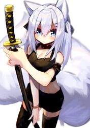  animal_ears ars_almal ars_almal_(2nd_costume) bad_id bad_pixiv_id bare_shoulders black_ribbon black_skirt black_tank_top black_thighhighs blue_hair breasts cleavage commentary female full_body hair_between_eyes hair_ornament hair_ribbon hairclip holding holding_sheath katana large_tail long_hair medium_breasts midriff moti_yousei navel nijisanji ribbon sheath sheathed simple_background skirt solo standing sword tail tank_top thighhighs two_side_up virtual_youtuber weapon white_background white_hair 