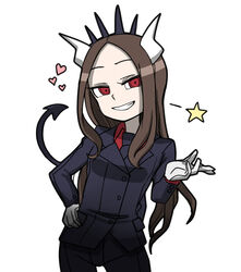  black_jacket black_necktie black_pants black_suit brown_hair buttoned_cuffs buttons collared_shirt commentary_request cosplay cowboy_shot demon_girl demon_horns demon_tail female forehead formal gloves grin hand_on_own_hip hand_up heart helltaker highres horns jacket karakai_jouzu_no_takagi-san lapels long_hair long_sleeves lucifer_(helltaker) lucifer_(helltaker)_(cosplay) necktie notched_lapels note2000 open_mouth pant_suit pants parted_bangs pocket red_eyes red_shirt shirt simple_background smile solo star_(symbol) suit suit_jacket tail takagi-san teeth vanripper_(style) very_long_hair white_background white_gloves white_horns 