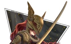  absurdres armor cape closed_mouth covered_eyes dress elden_ring female helmet highres holding holding_sword holding_weapon long_hair malenia_blade_of_miquella mechanical_arms patatatan prosthesis prosthetic_arm red_cape red_hair simple_background single_mechanical_arm solo sword very_long_hair weapon winged_helmet 