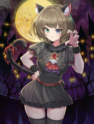  absurdres animal_ears bare_tree black_dress black_thighhighs blue_eyes bow breasts brown_hair cat_ears cat_tail claw_pose commentary_request cowboy_shot dress female full_moon fur_trim gem green_eyes halloween hand_on_own_hip heterochromia highres idolmaster idolmaster_cinderella_girls kemonomimi_mode korean_commentary looking_at_viewer mole mole_under_eye moon multicolored_nails nail_polish orange_nails pink_nails print_dress puffy_short_sleeves puffy_sleeves short_hair short_sleeves skindentation smile solo sylph_kim tail tail_bow tail_ornament takagaki_kaede thighhighs thighs tree zettai_ryouiki 