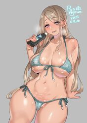  agawa_ryou artist_name ass_visible_through_thighs bikini bottle breasts commentary covered_nipples cowboy_shot dated english_commentary female front-tie_bikini_top front-tie_top grey_background holding holding_bottle large_breasts light_brown_hair long_hair looking_at_viewer lotion_bottle navel oiled original side-tie_bikini_bottom signature simple_background skindentation smile solo swimsuit 