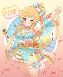  ;) absurdres bare_shoulders beads blonde_hair blue_background blue_eyes blush bow braid breasts cleavage commentary_request detached_sleeves female floral_print gyaru hairbow hands_up highres holding holding_microphone idolmaster idolmaster_cinderella_girls idolmaster_cinderella_girls_starlight_stage japanese_clothes kimono korean_commentary large_breasts long_hair looking_at_viewer microphone multicolored_clothes multicolored_kimono ohtsuki_yui one_eye_closed orange_bow petals pink_background pink_bow polka_dot polka_dot_bow ponytail sash smile solo striped striped_bow sylph_kim wide_sleeves 