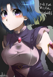  :o blue_hair blush breasts dated detached_sleeves female hoshino_(pixiv12796893) kusuha_mizuha leaning_to_the_side medium_breasts parted_bangs purple_eyes short_hair signature solo super_robot_wars super_robot_wars_original_generation 